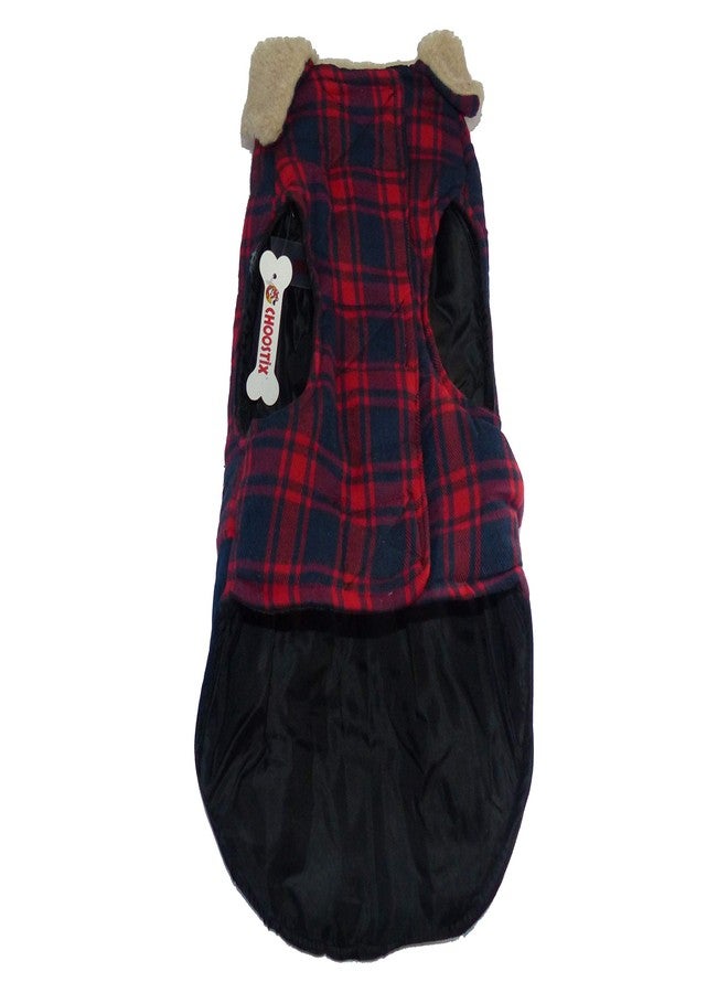 Choostix Brit Checkmate, Dog and Cat Jacket, Winter Wear, Fur Collar, Plaid Fabric with Golden Button, Navy Blue Color, Red White & Grey Designer Checks, Medium, 140 gram - Image 2